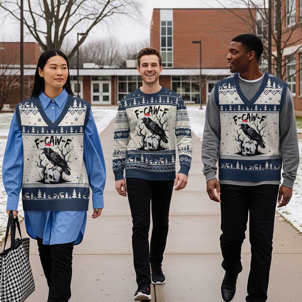 F Caw F Gothic Xmas Raven V-Neck Knit Sweater Vest With Skull Funny Dark Holiday Humor Spooky Season - Wonder Print Shop