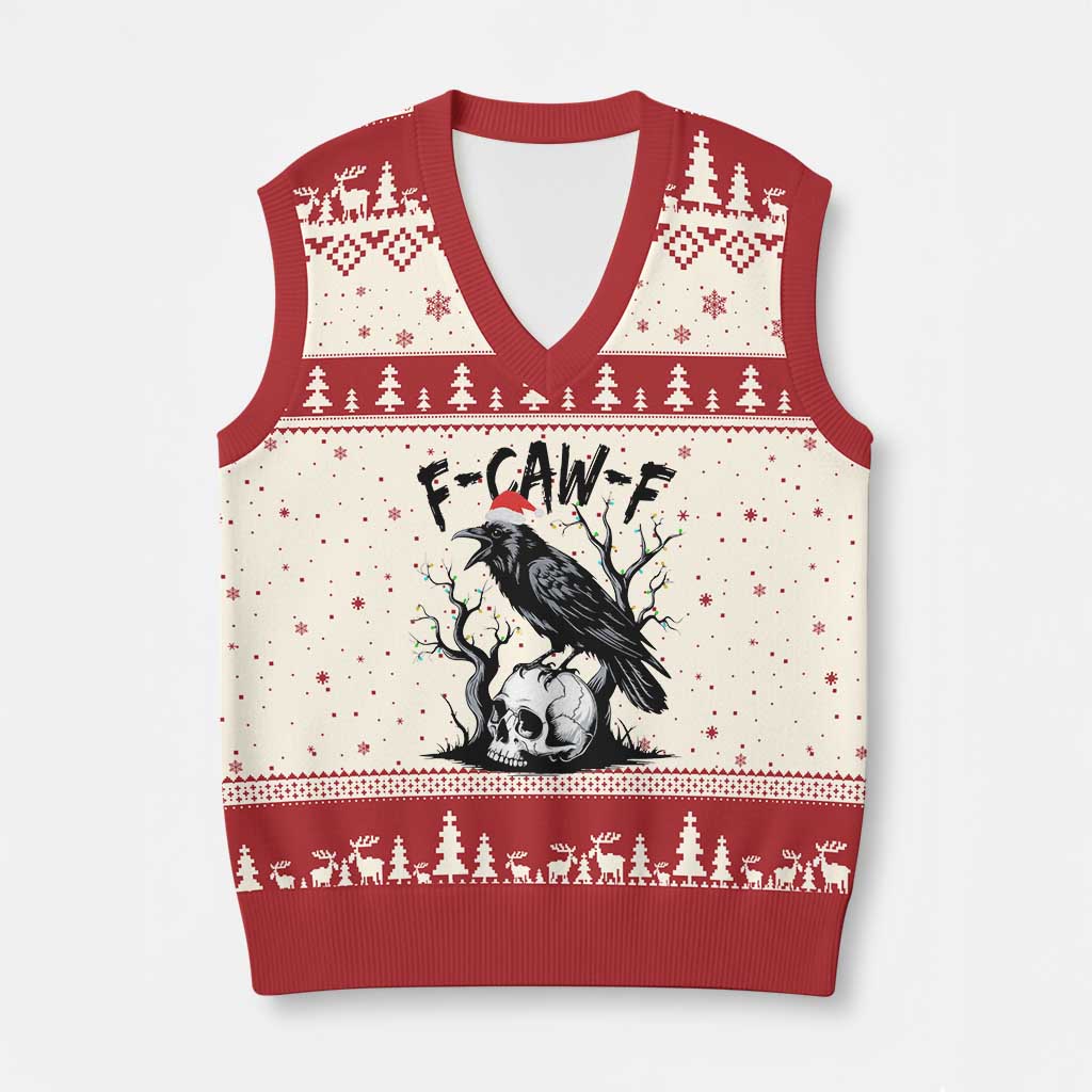 F Caw F Gothic Xmas Raven V-Neck Knit Sweater Vest With Skull Funny Dark Holiday Humor Spooky Season - Wonder Print Shop