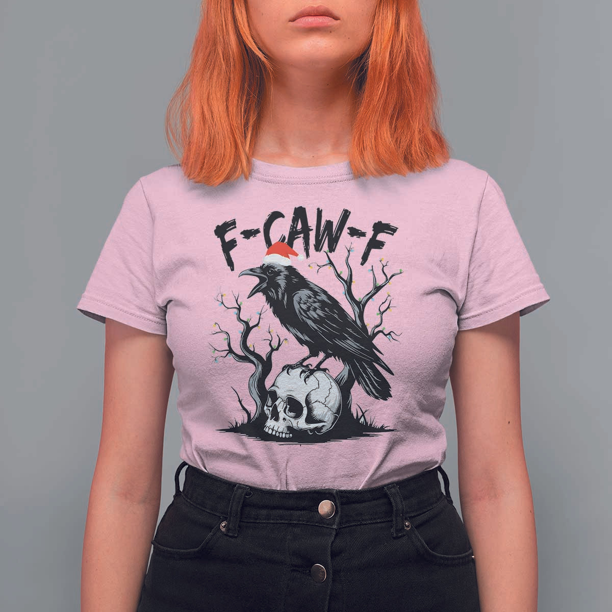 F Caw F Gothic Christmas Raven T Shirt For Women With Skull Funny Dark Holiday Humor Spooky Season - Wonder Print Shop