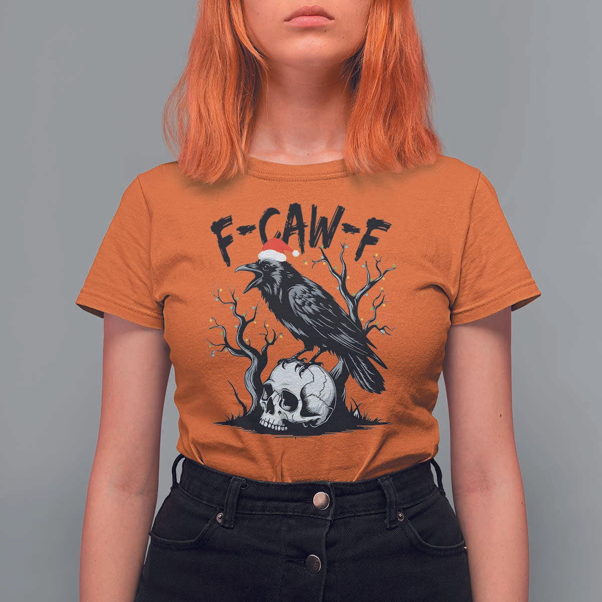F Caw F Gothic Christmas Raven T Shirt For Women With Skull Funny Dark Holiday Humor Spooky Season - Wonder Print Shop
