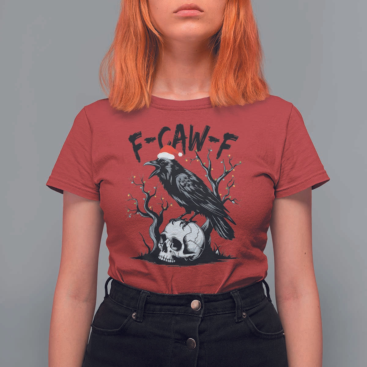 F Caw F Gothic Christmas Raven T Shirt For Women With Skull Funny Dark Holiday Humor Spooky Season - Wonder Print Shop