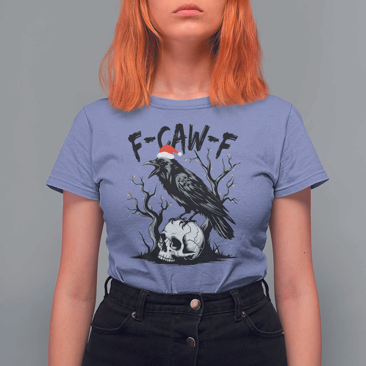 F Caw F Gothic Christmas Raven T Shirt For Women With Skull Funny Dark Holiday Humor Spooky Season - Wonder Print Shop