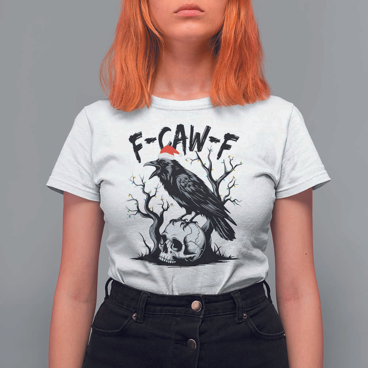 F Caw F Gothic Christmas Raven T Shirt For Women With Skull Funny Dark Holiday Humor Spooky Season - Wonder Print Shop