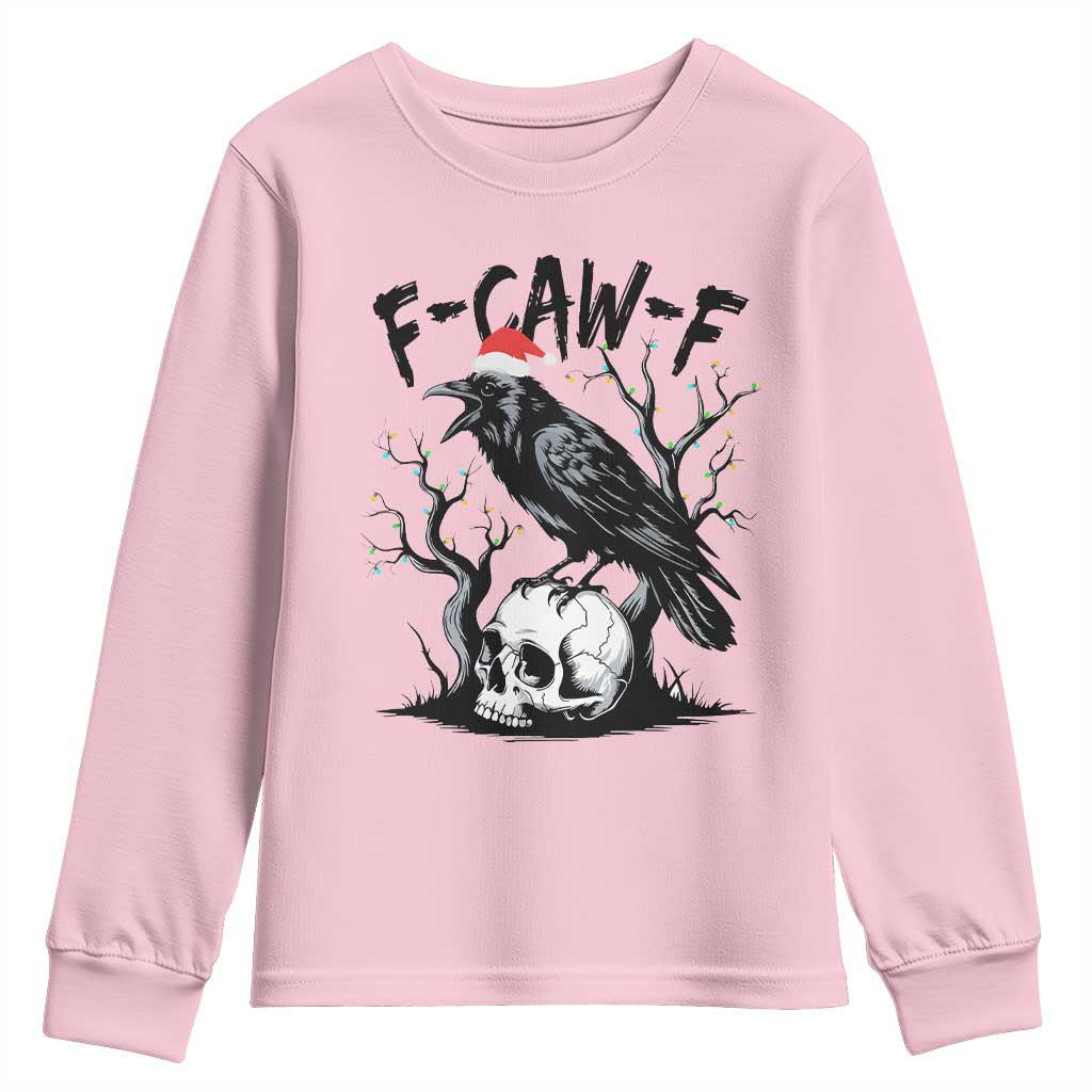 F Caw F Gothic Christmas Raven Youth Sweatshirt With Skull Funny Dark Holiday Humor Spooky Season - Wonder Print Shop