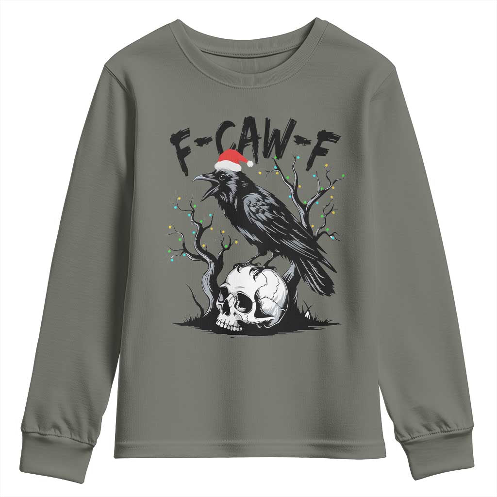 F Caw F Gothic Christmas Raven Youth Sweatshirt With Skull Funny Dark Holiday Humor Spooky Season - Wonder Print Shop