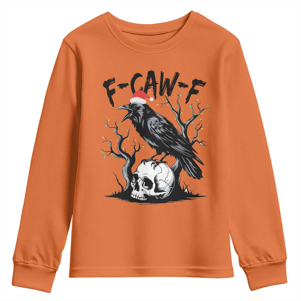 F Caw F Gothic Christmas Raven Youth Sweatshirt With Skull Funny Dark Holiday Humor Spooky Season - Wonder Print Shop