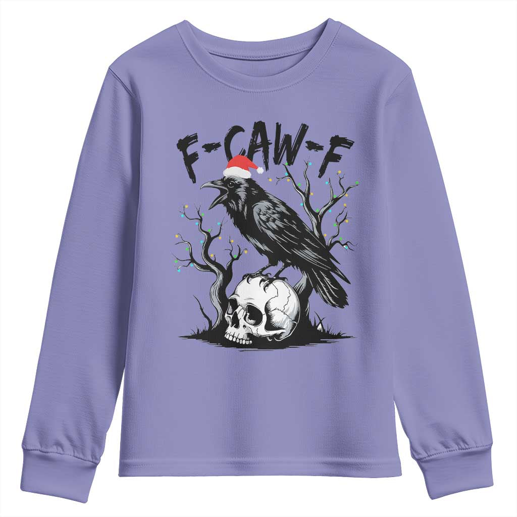 F Caw F Gothic Christmas Raven Youth Sweatshirt With Skull Funny Dark Holiday Humor Spooky Season - Wonder Print Shop