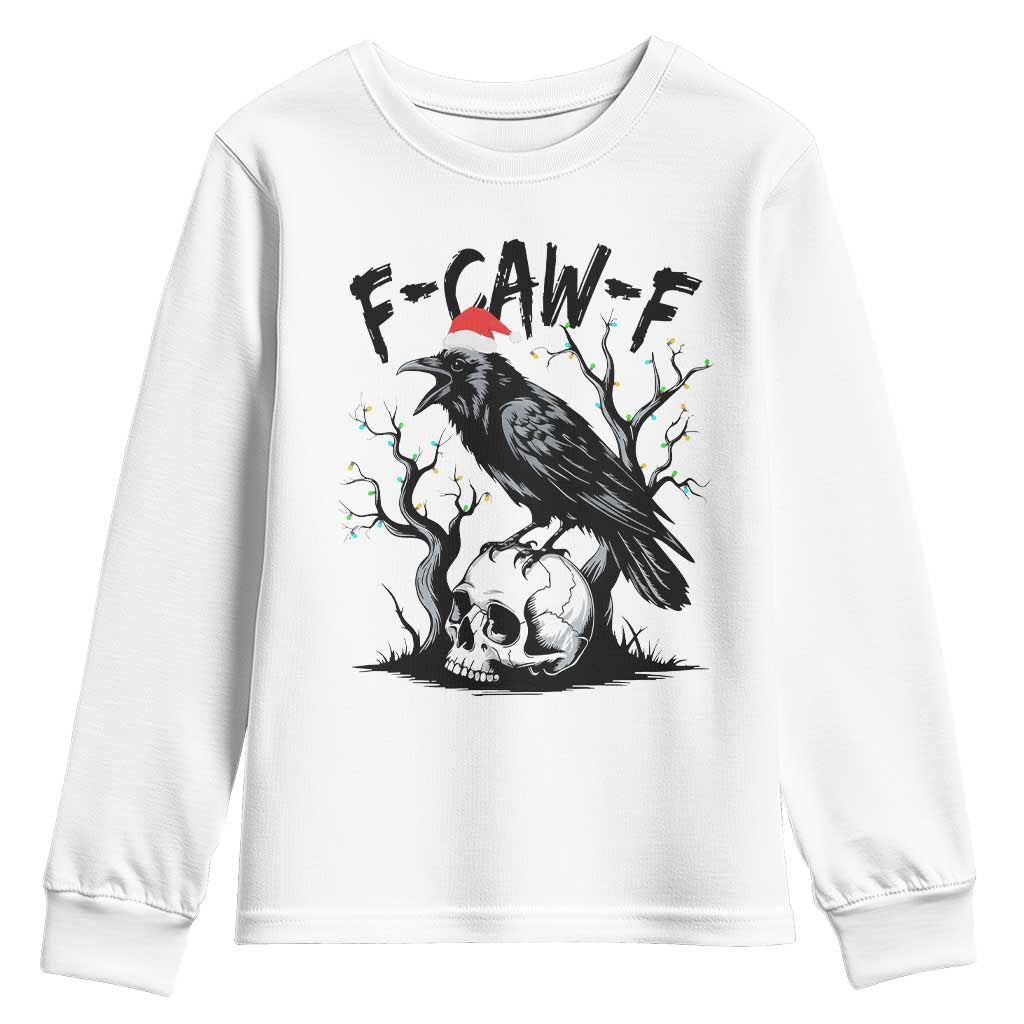 F Caw F Gothic Christmas Raven Youth Sweatshirt With Skull Funny Dark Holiday Humor Spooky Season - Wonder Print Shop