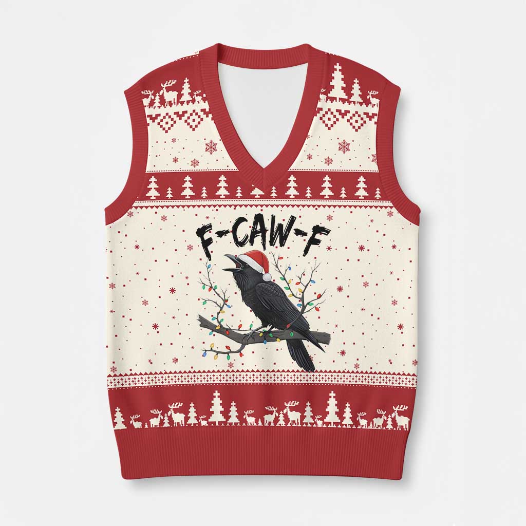 F Caw F Raven Xmas V-Neck Knit Sweater Vest Funny Dark Holiday Humor Spooky Season - Wonder Print Shop