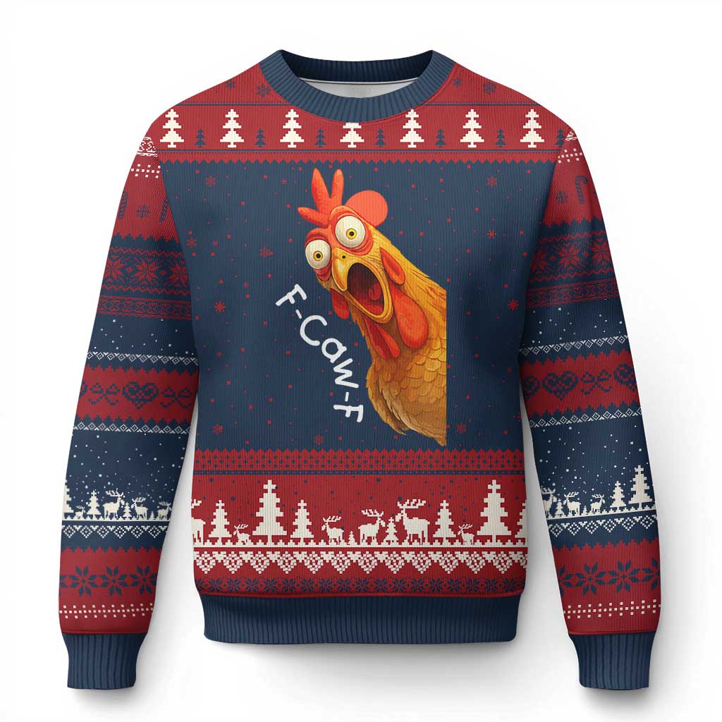 Funny F Caw F Surprise Chicken Meme Ugly Christmas Sweater Hilarious Shocked Bird Graphic for Comedy Lovers - Wonder Print Shop