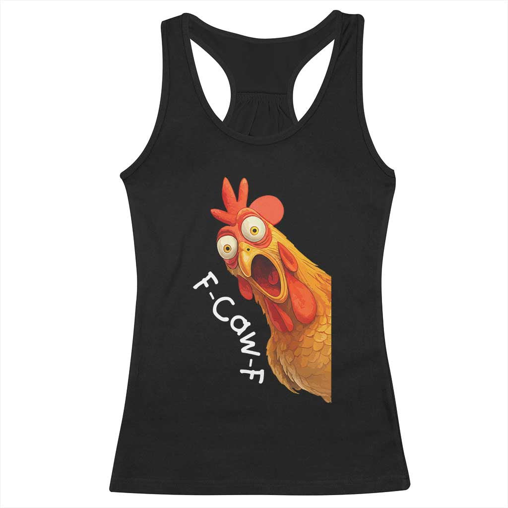 Funny F Caw F Surprise Chicken Meme Racerback Tank Top Hilarious Shocked Bird Graphic for Comedy Lovers - Wonder Print Shop
