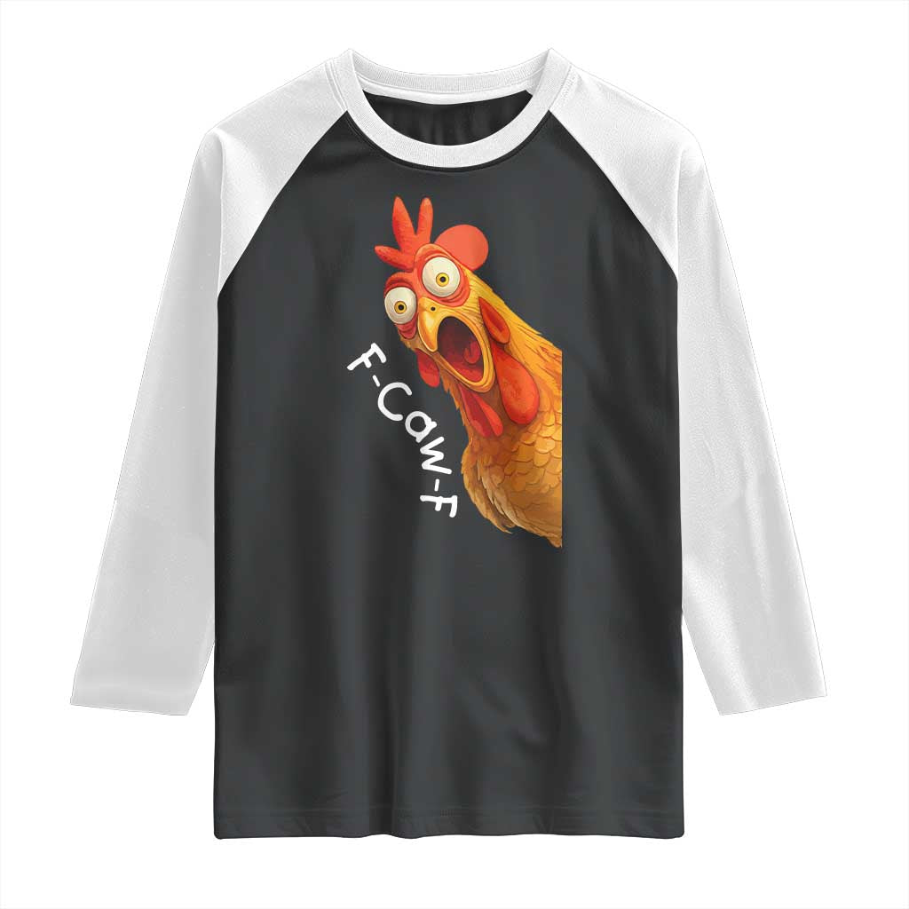 Funny F Caw F Surprise Chicken Meme Raglan Shirt Hilarious Shocked Bird Graphic for Comedy Lovers - Wonder Print Shop