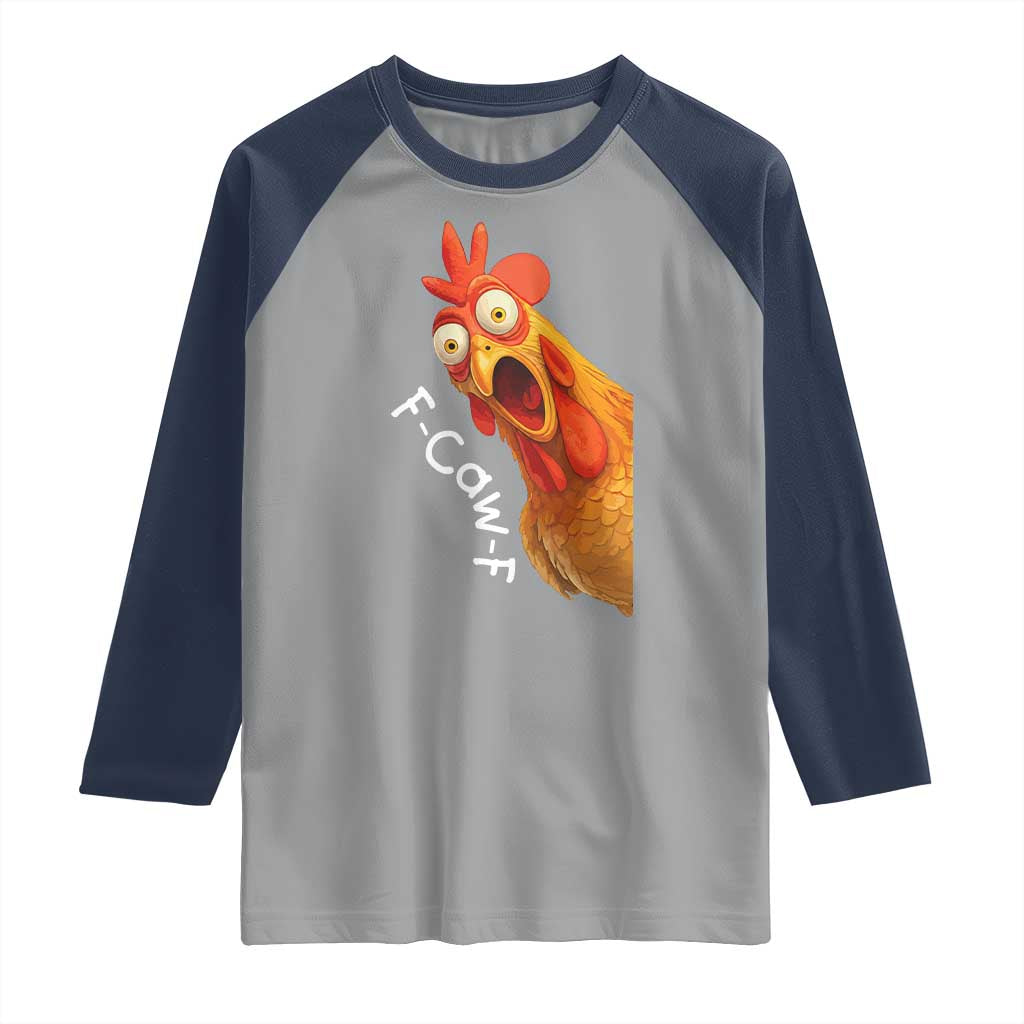 Funny F Caw F Surprise Chicken Meme Raglan Shirt Hilarious Shocked Bird Graphic for Comedy Lovers - Wonder Print Shop