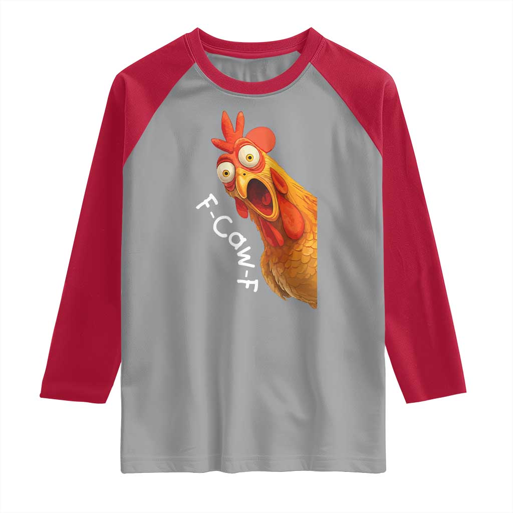 Funny F Caw F Surprise Chicken Meme Raglan Shirt Hilarious Shocked Bird Graphic for Comedy Lovers - Wonder Print Shop