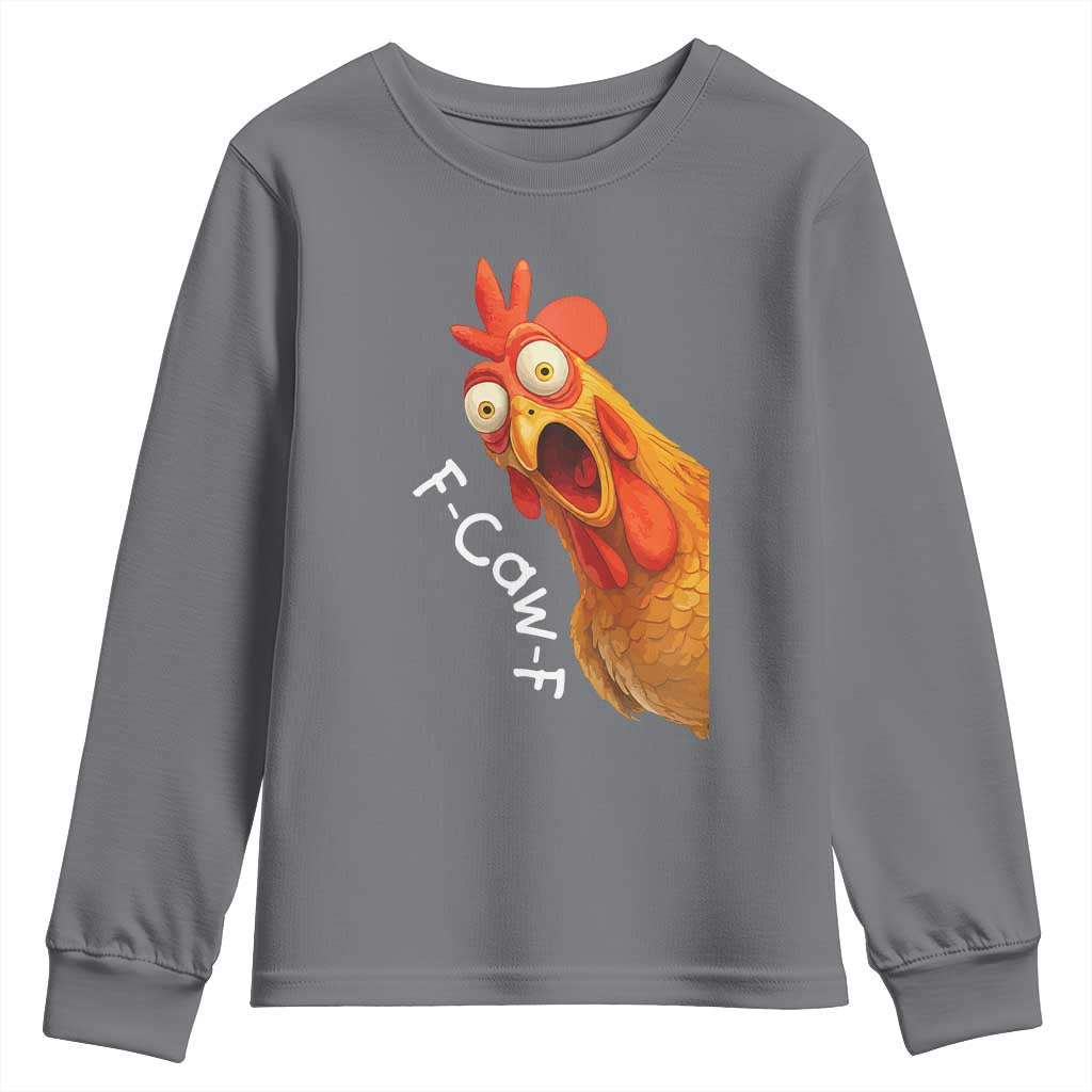 Funny F Caw F Surprise Chicken Meme Youth Sweatshirt Hilarious Shocked Bird Graphic for Comedy Lovers - Wonder Print Shop