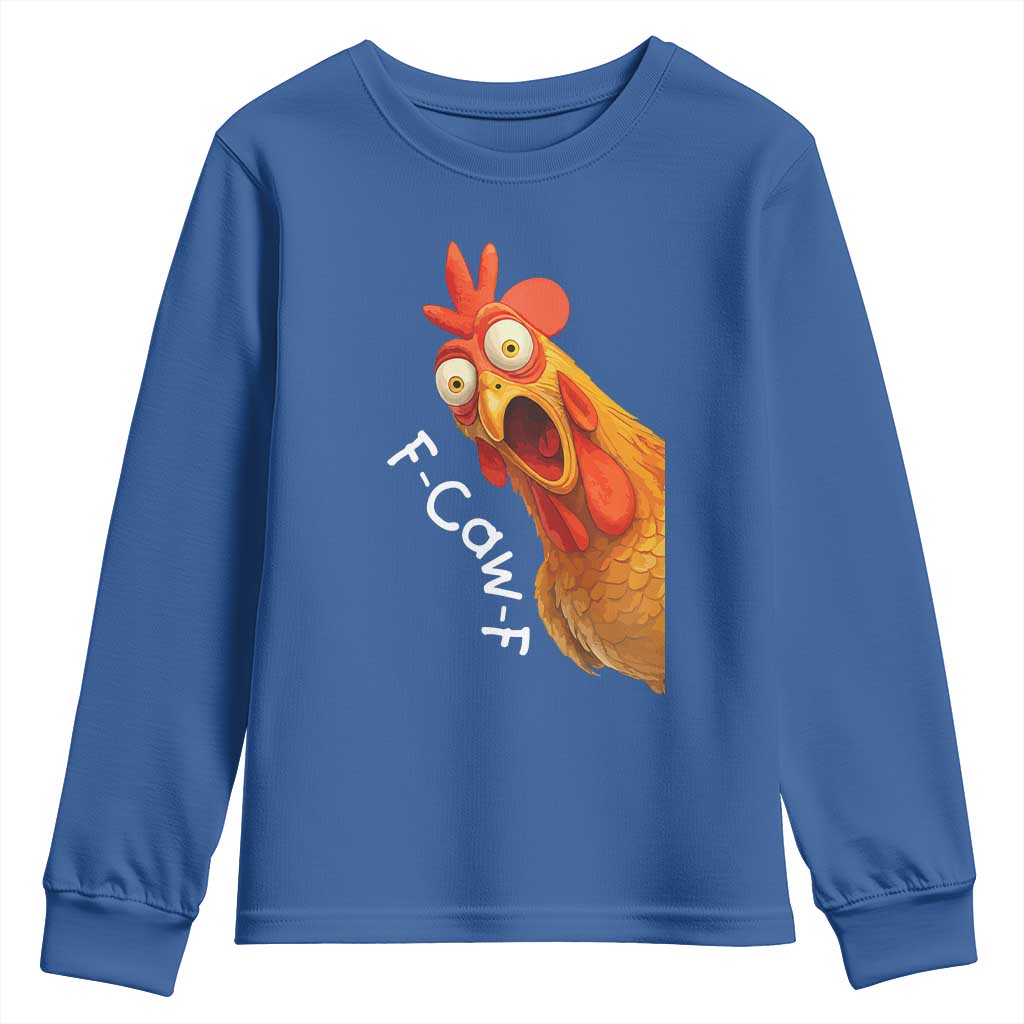 Funny F Caw F Surprise Chicken Meme Youth Sweatshirt Hilarious Shocked Bird Graphic for Comedy Lovers - Wonder Print Shop