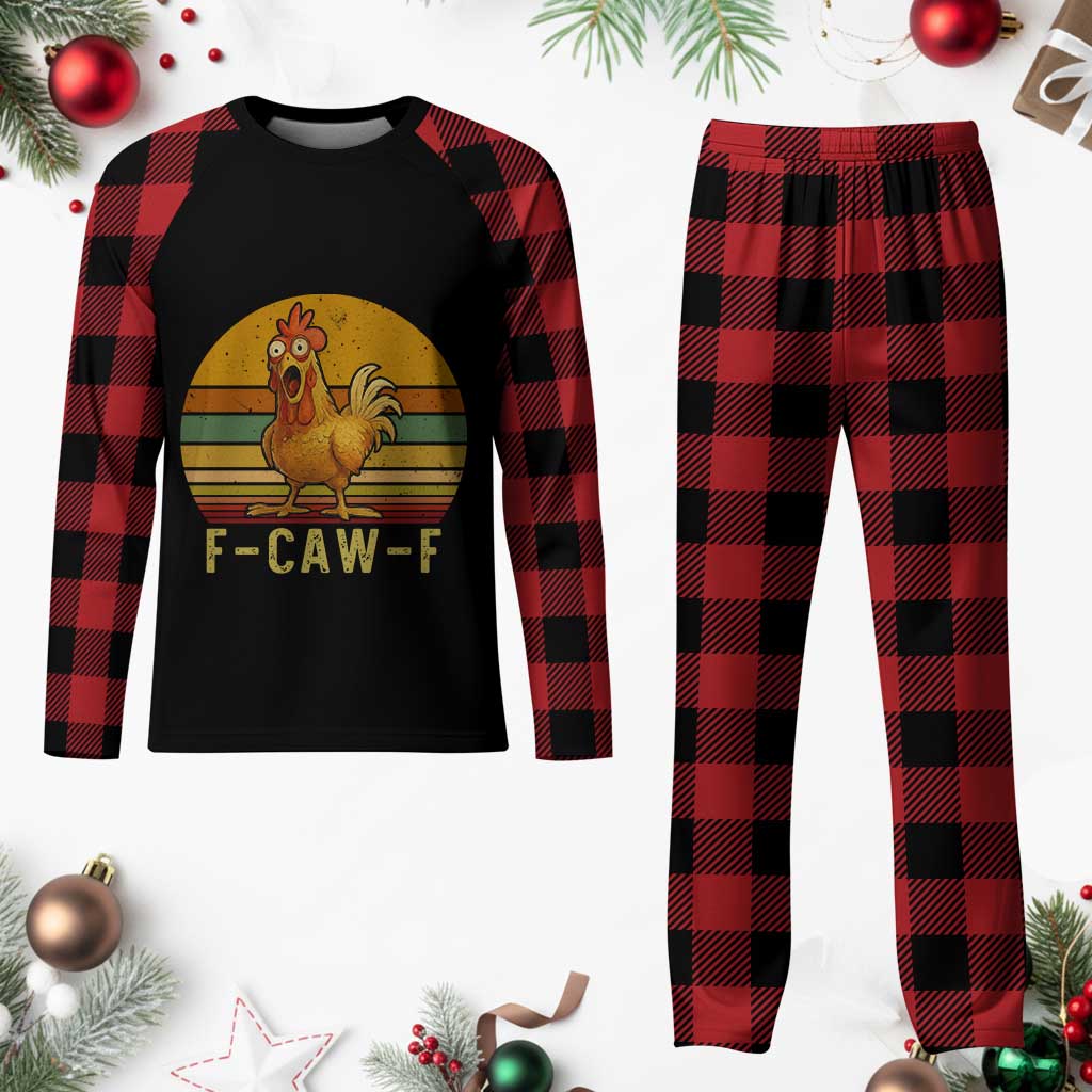 F Caw F Retro Chicken Meme Plaid Pajama Set Vintage Sunset Poultry Graphic Loud Bird Energy - Wonder Print Shop
