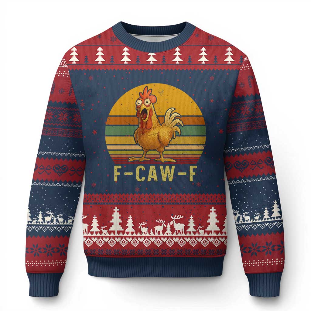 F Caw F Retro Chicken Meme Ugly Christmas Sweater Vintage Sunset Poultry Graphic Loud Bird Energy - Wonder Print Shop