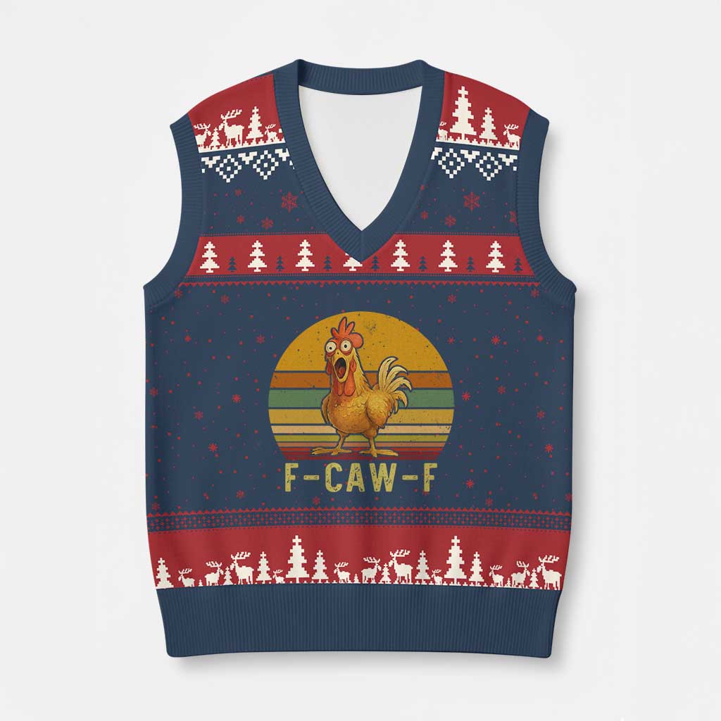 F Caw F Retro Chicken Meme V-Neck Knit Sweater Vest Vintage Sunset Poultry Graphic Loud Bird Energy - Wonder Print Shop