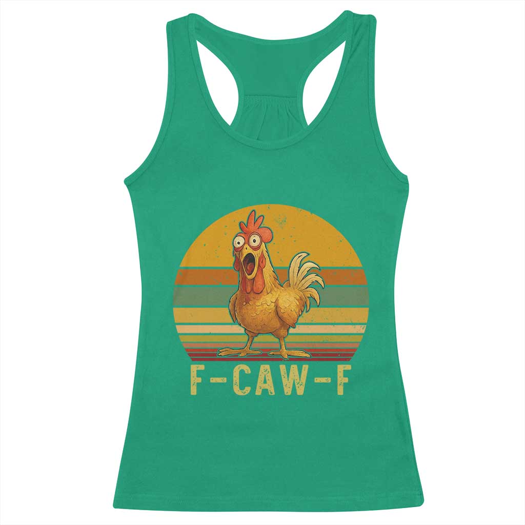 F Caw F Retro Chicken Meme Racerback Tank Top Vintage Sunset Poultry Graphic Loud Bird Energy - Wonder Print Shop