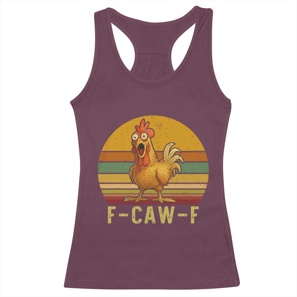 F Caw F Retro Chicken Meme Racerback Tank Top Vintage Sunset Poultry Graphic Loud Bird Energy - Wonder Print Shop