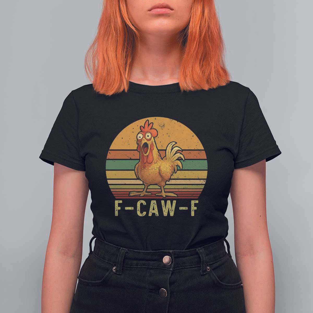F Caw F Retro Chicken Meme T Shirt For Women Vintage Sunset Poultry Graphic Loud Bird Energy - Wonder Print Shop