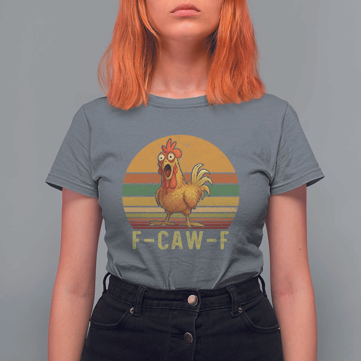 F Caw F Retro Chicken Meme T Shirt For Women Vintage Sunset Poultry Graphic Loud Bird Energy - Wonder Print Shop