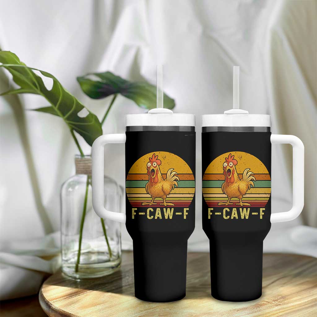 F Caw F Retro Chicken Meme Tumbler With Handle Vintage Sunset Poultry Graphic Loud Bird Energy - Wonder Print Shop
