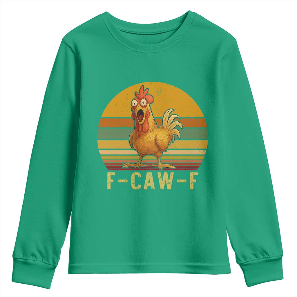 F Caw F Retro Chicken Meme Youth Sweatshirt Vintage Sunset Poultry Graphic Loud Bird Energy - Wonder Print Shop