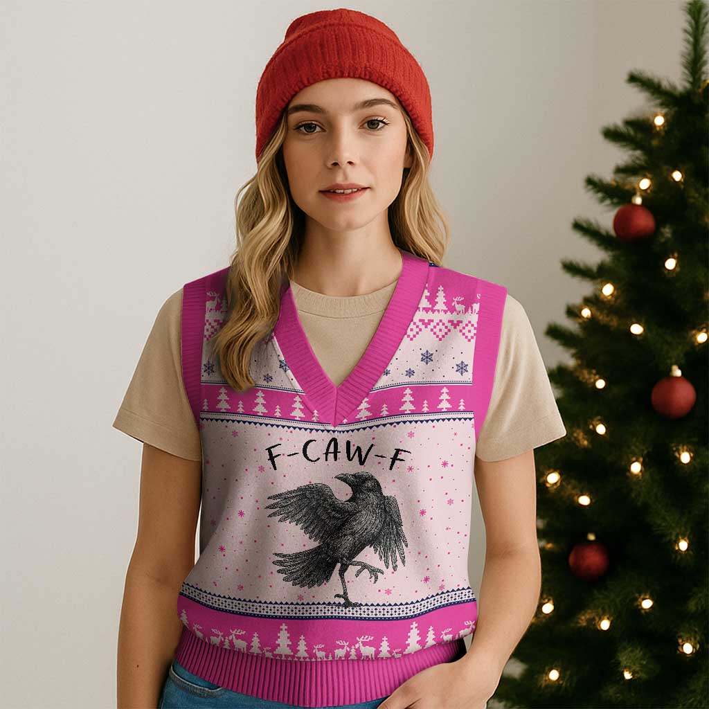 F Caw F Raven Graphic V-Neck Knit Sweater Vest Funny Sarcastic Bird with Attitude - Wonder Print Shop