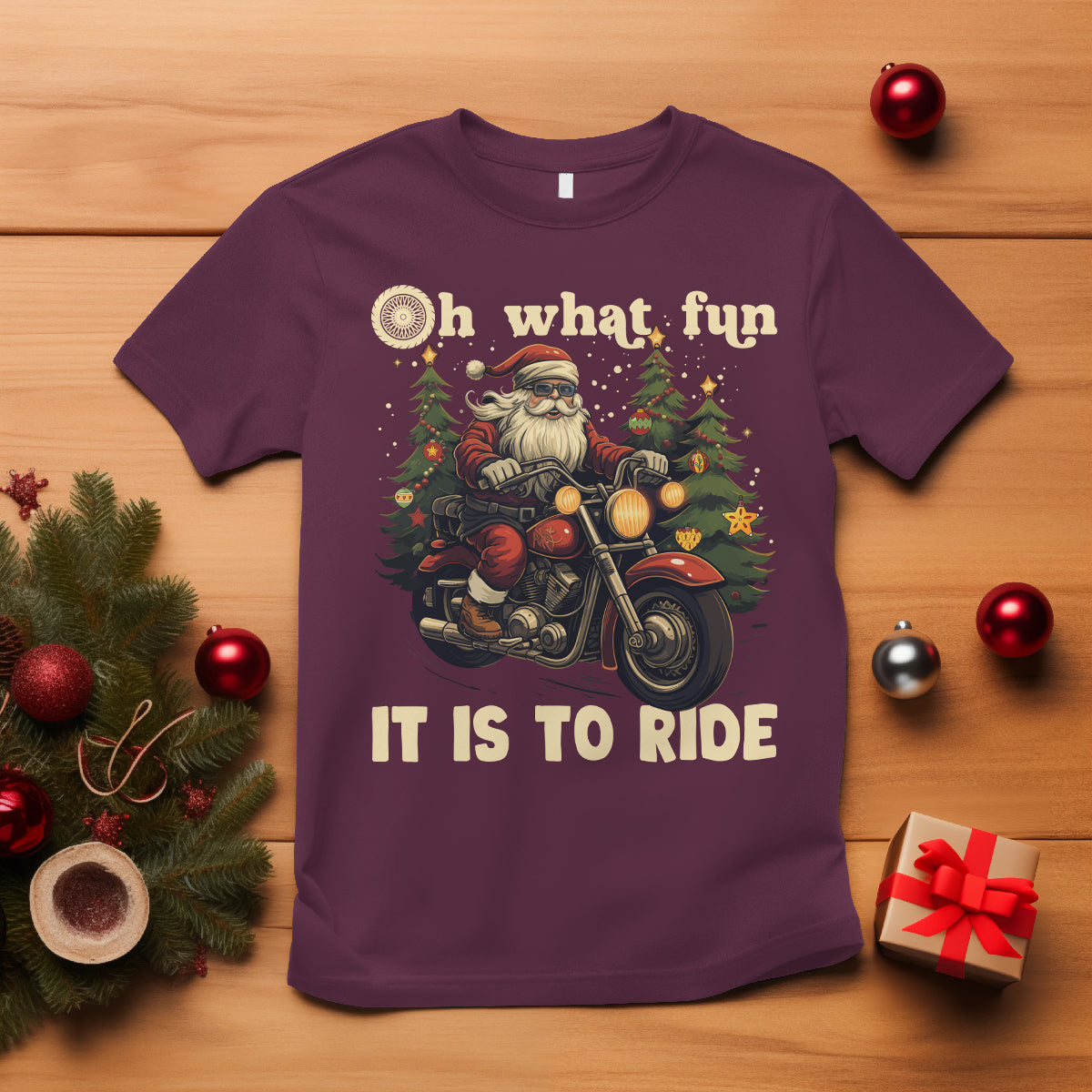 Santa Claus Biker T Shirt Oh What Fun It Is To Ride Motorcycle Christmas - Wonder Print Shop