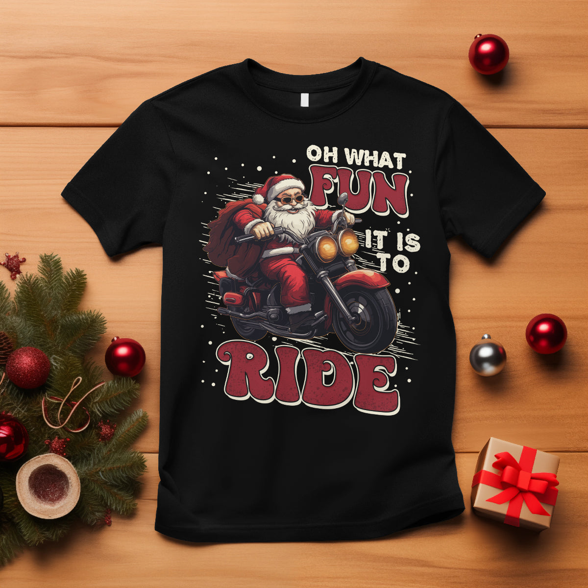 Santa Claus Biker T Shirt Oh What Fun It Is To Ride Motorcycle Christmas - Wonder Print Shop