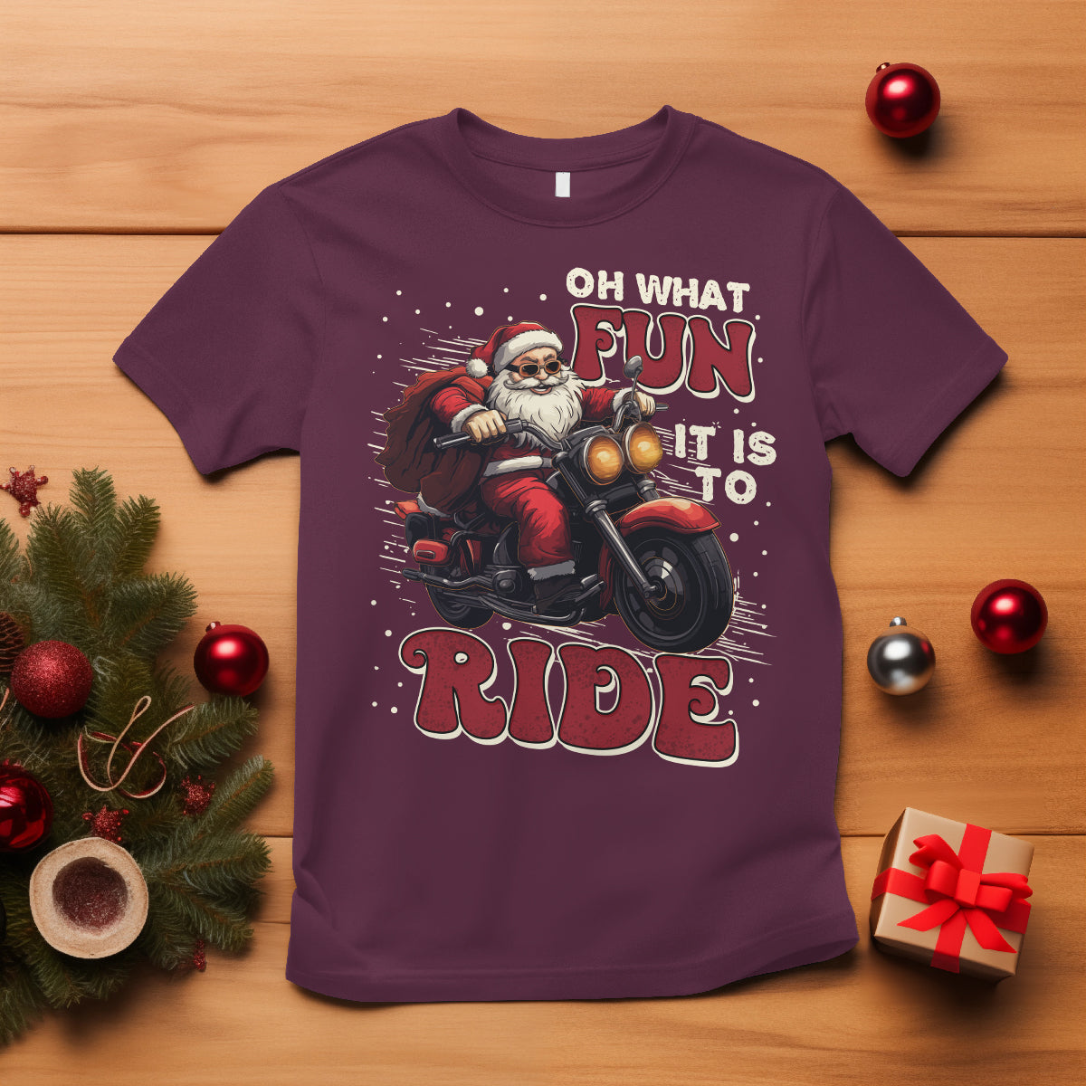 Santa Claus Biker T Shirt Oh What Fun It Is To Ride Motorcycle Christmas - Wonder Print Shop