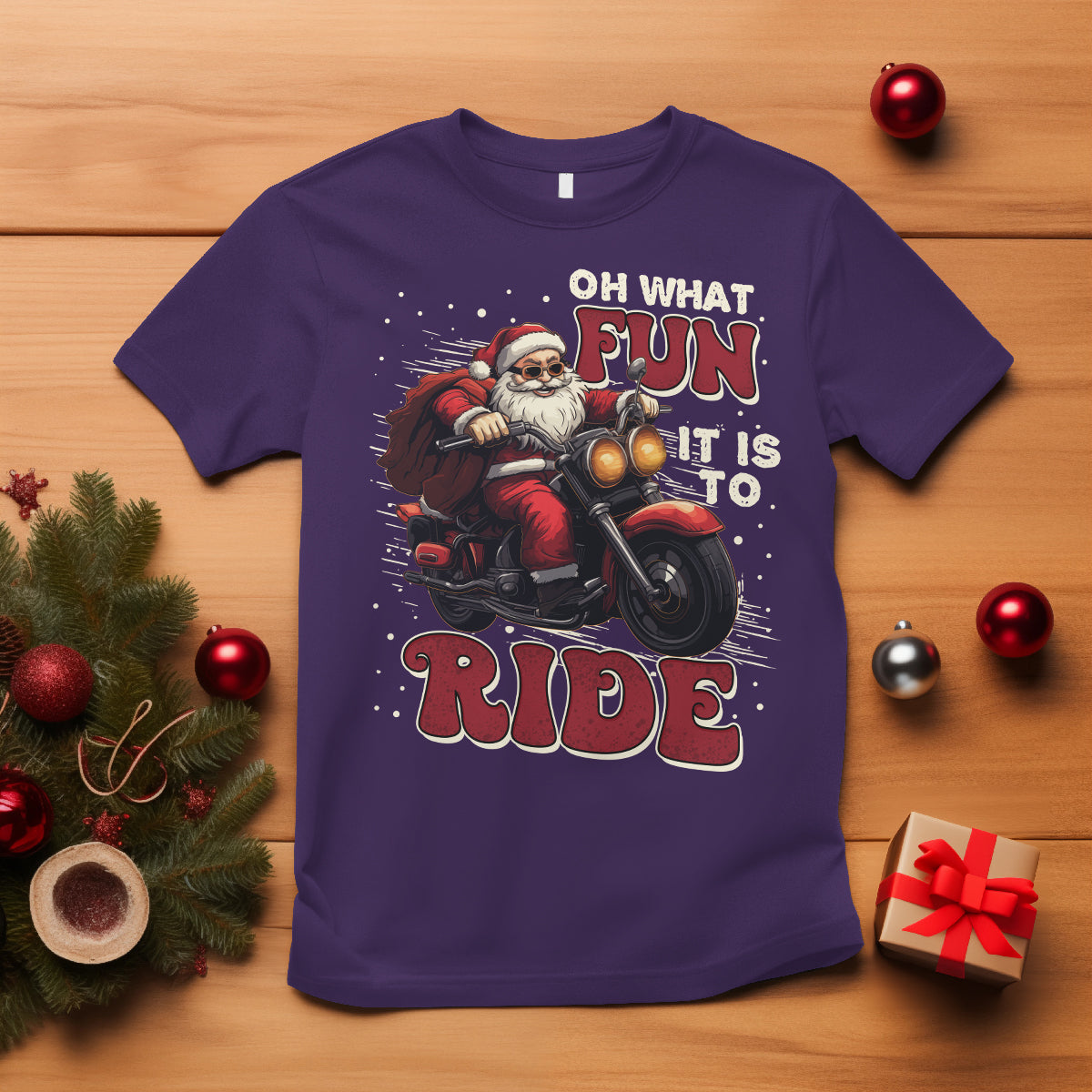 Santa Claus Biker T Shirt Oh What Fun It Is To Ride Motorcycle Christmas - Wonder Print Shop