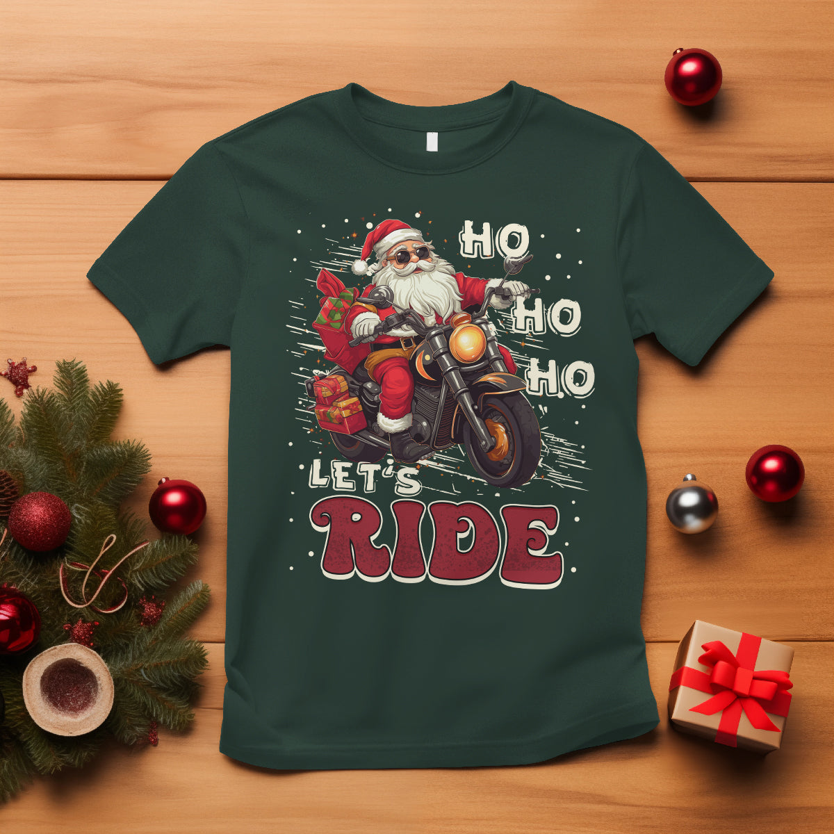 Santa Claus Biker T Shirt Ho Ho Ho Let's Ride Christmas - Wonder Print Shop