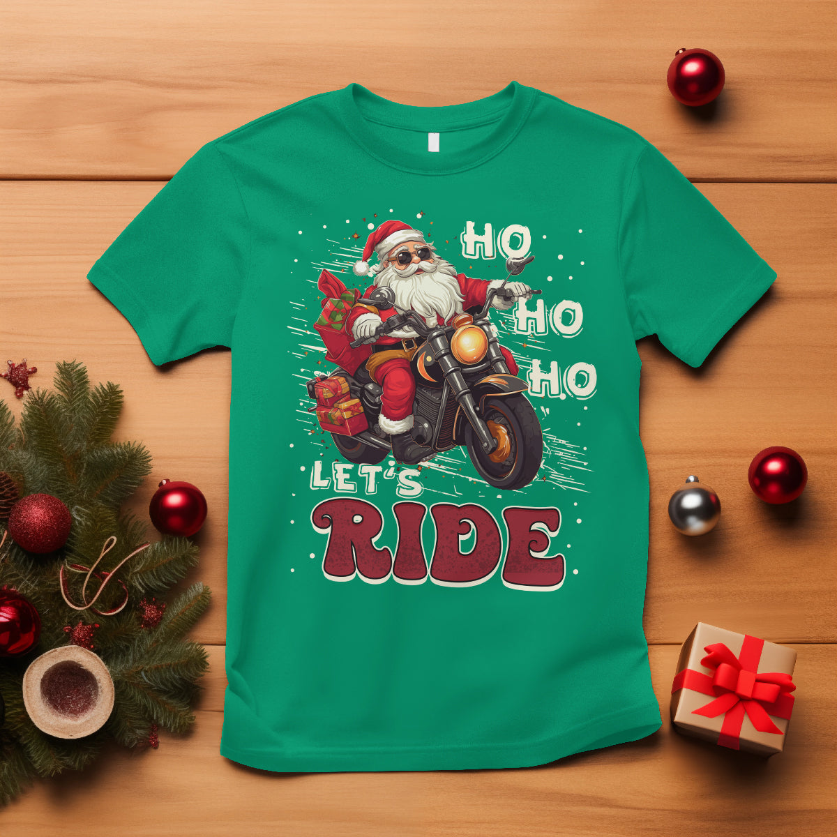 Santa Claus Biker T Shirt Ho Ho Ho Let's Ride Christmas - Wonder Print Shop