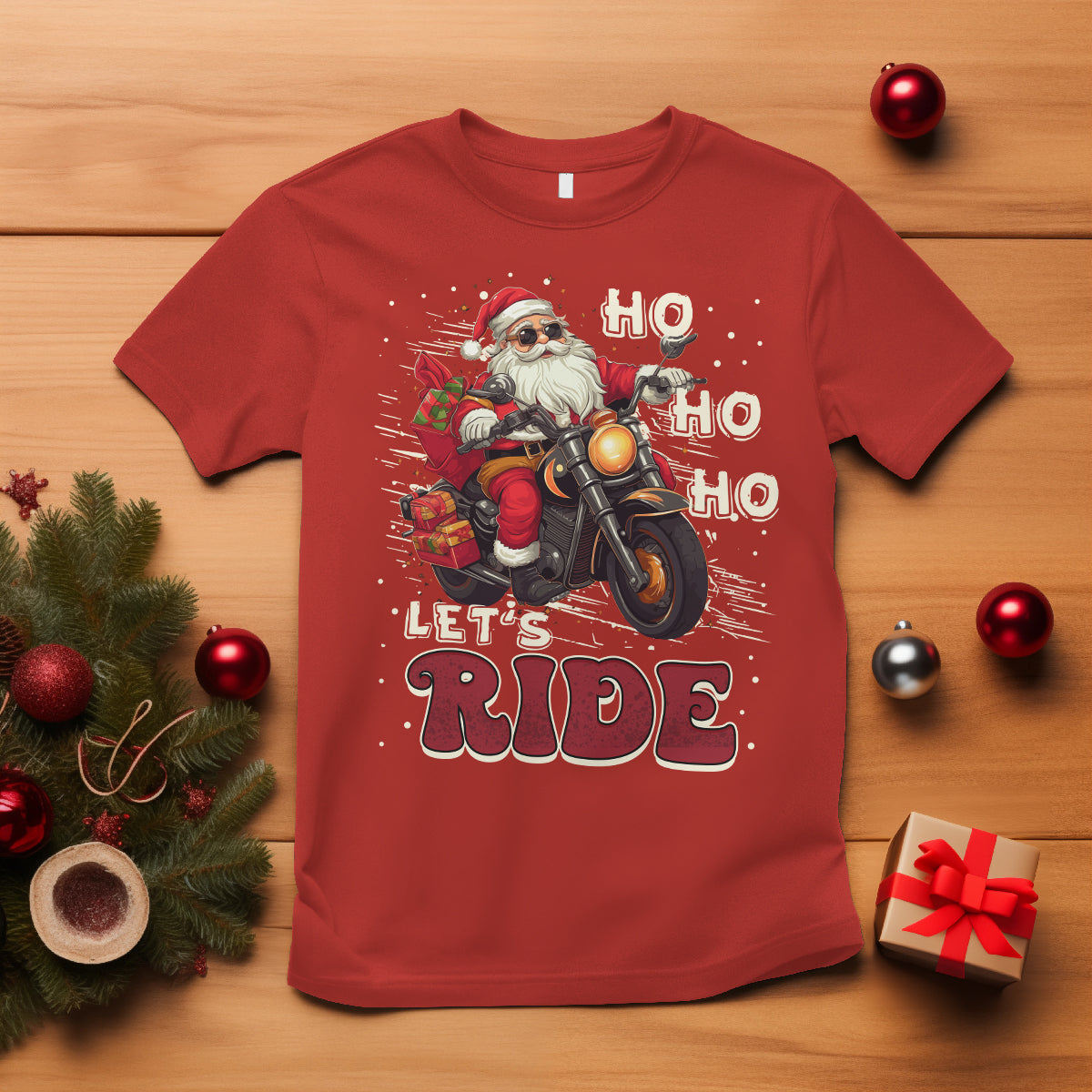 Santa Claus Biker T Shirt Ho Ho Ho Let's Ride Christmas - Wonder Print Shop