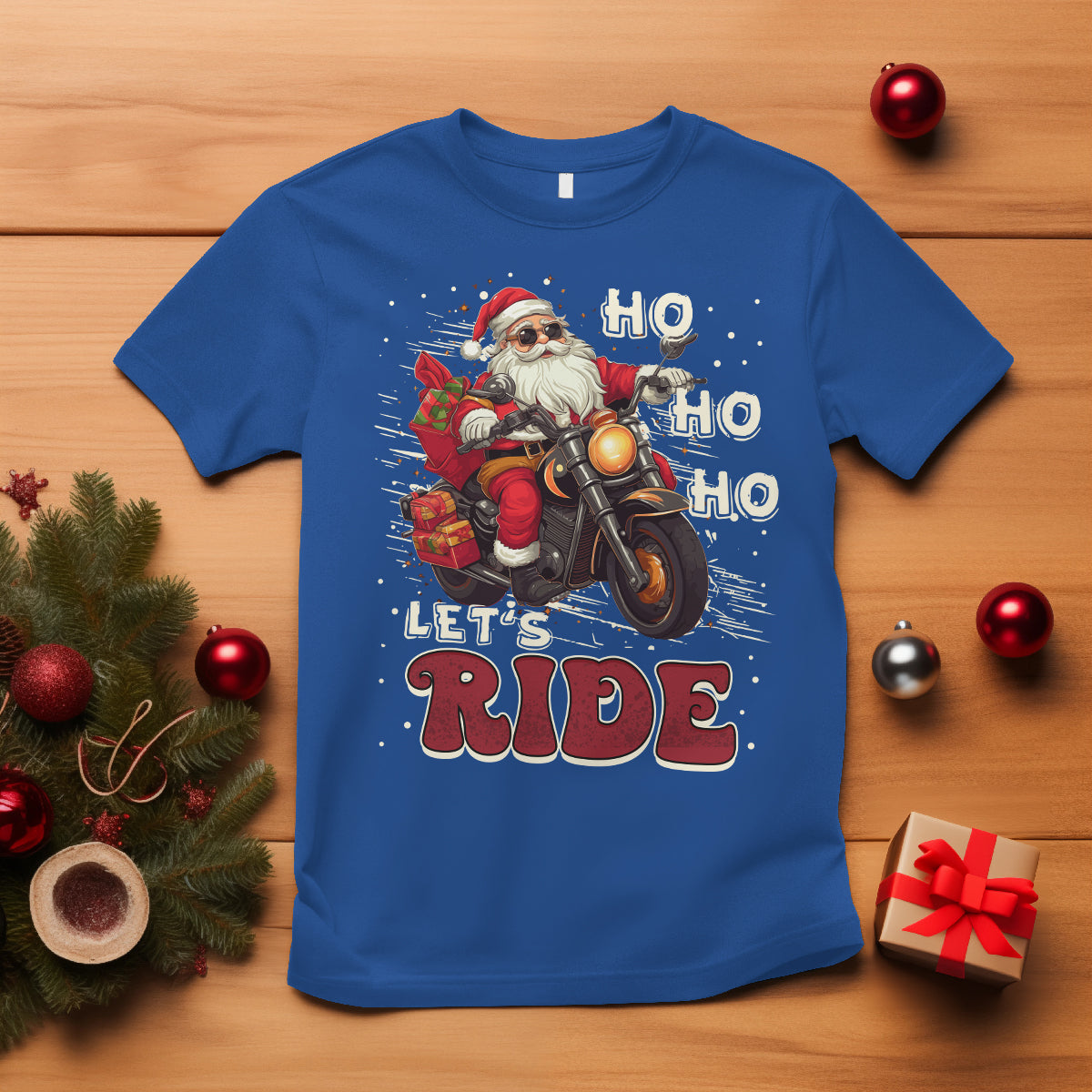 Santa Claus Biker T Shirt Ho Ho Ho Let's Ride Christmas - Wonder Print Shop