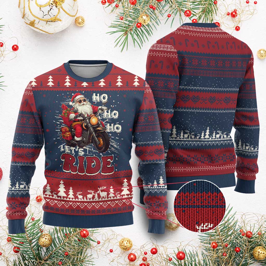 Biker Santa Claus Ugly Christmas Sweater Ho Ho Ho Let's Ride Xmas - Wonder Print Shop