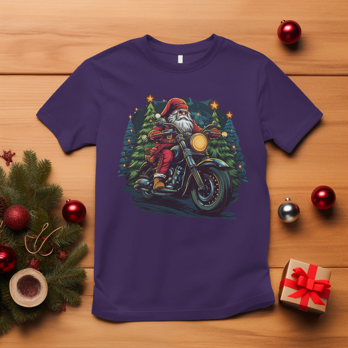Santa Claus Biker T Shirt Riding Motorcycle Christmas - Wonder Print Shop