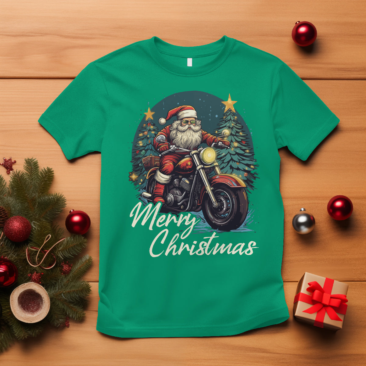 Santa Claus Biker T Shirt Merry Christmas Riding Motorcycle - Wonder Print Shop