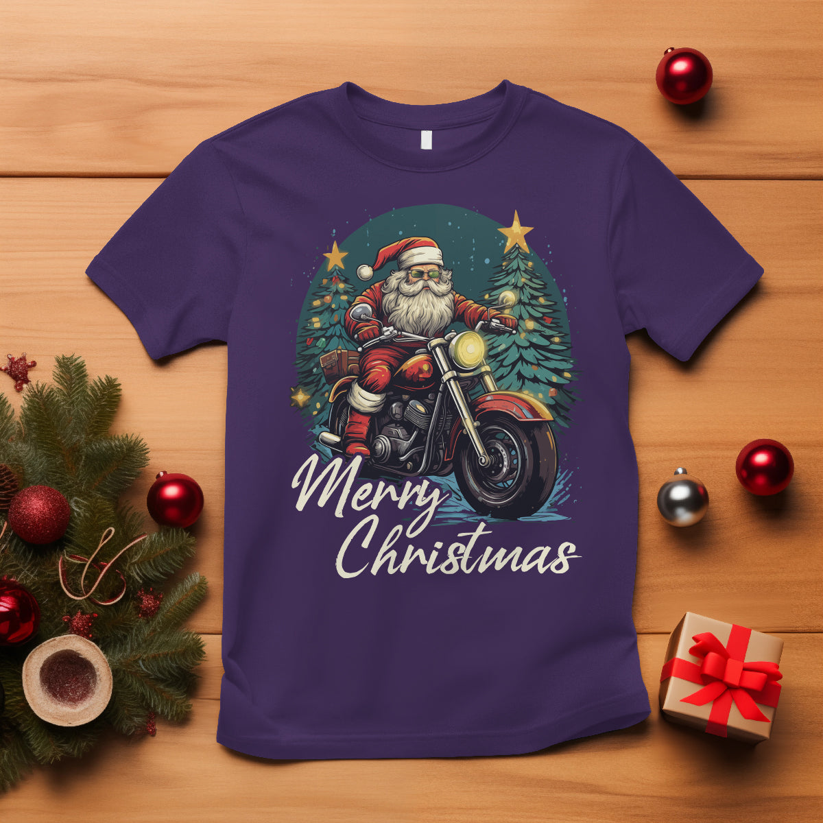 Santa Claus Biker T Shirt Merry Christmas Riding Motorcycle - Wonder Print Shop