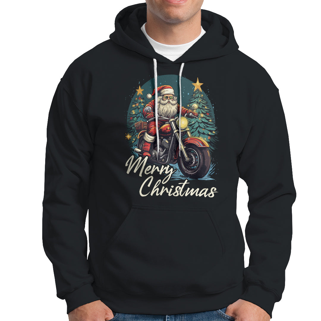 Santa Claus Biker Hoodie Merry Christmas Riding Motorcycle - Wonder Print Shop
