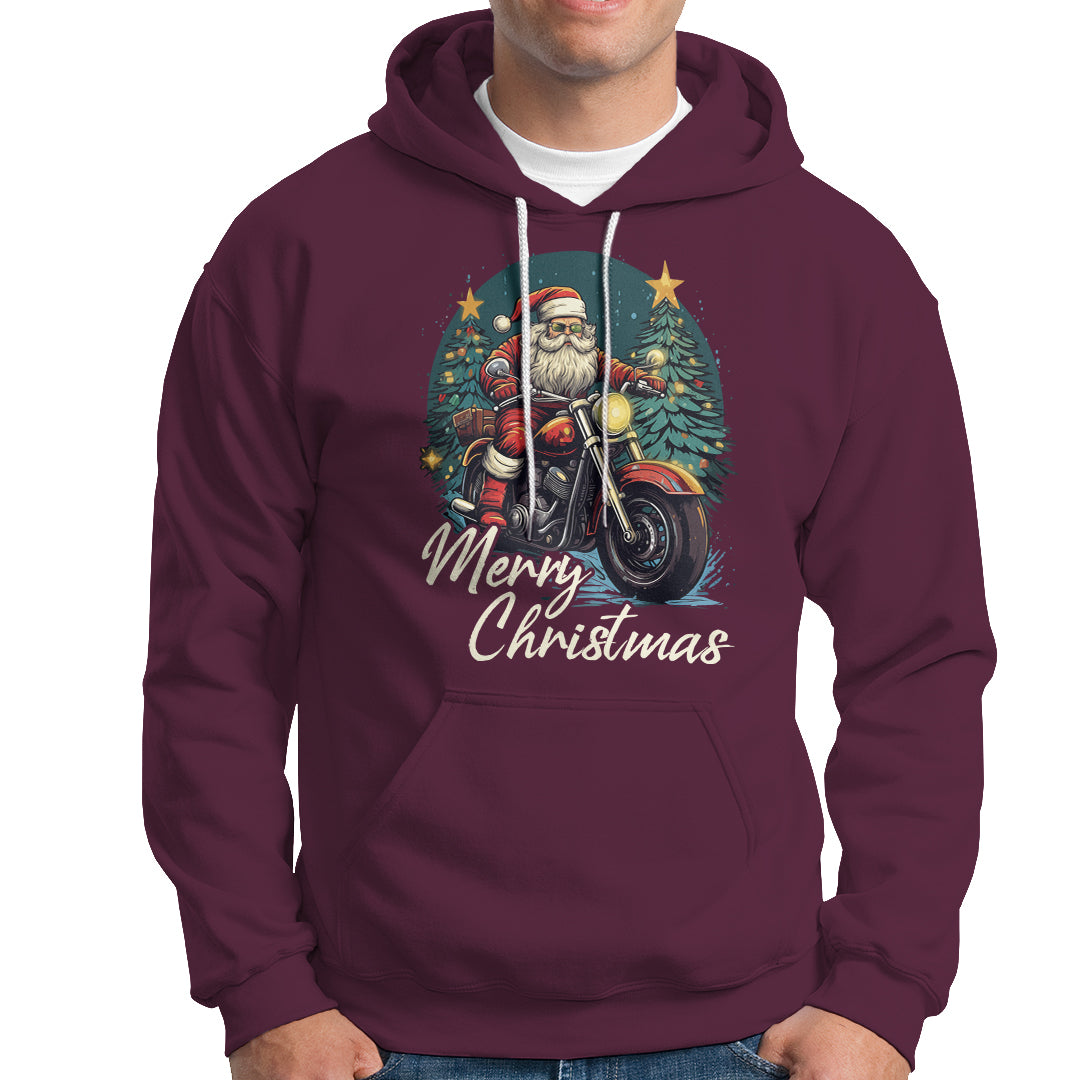 Santa Claus Biker Hoodie Merry Christmas Riding Motorcycle - Wonder Print Shop