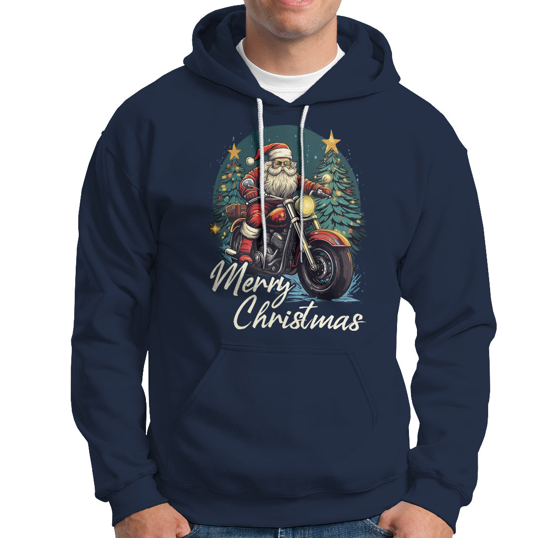 Santa Claus Biker Hoodie Merry Christmas Riding Motorcycle - Wonder Print Shop