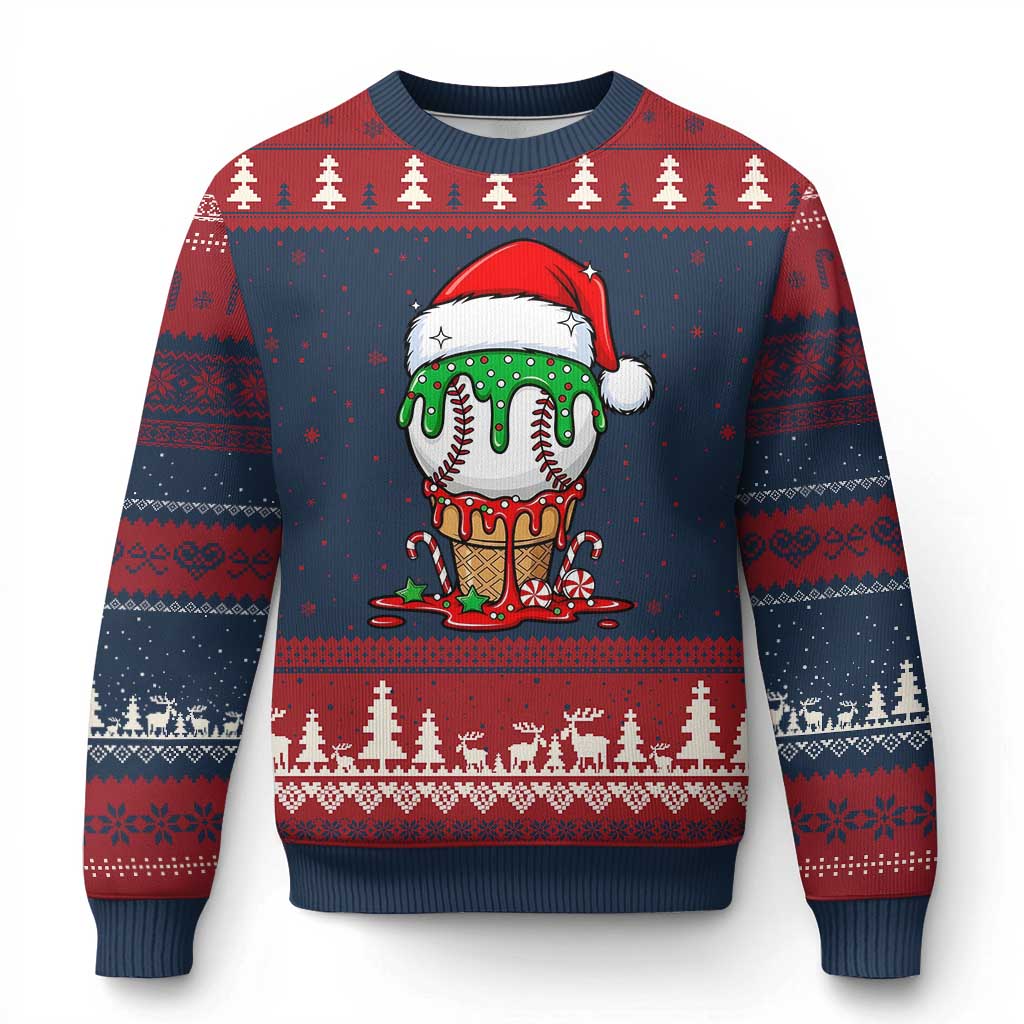 Cute Baseball Xmas Icecream Dripping Ugly Christmas Sweater Holiday Ice Cream Cone with Santa Hat - Wonder Print Shop