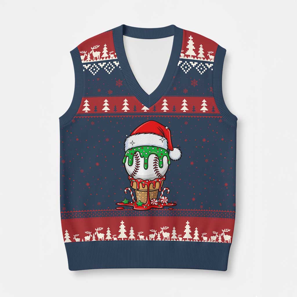 Cute Baseball Xmas Icecream Dripping V-Neck Knit Sweater Vest Holiday Ice Cream Cone with Santa Hat - Wonder Print Shop