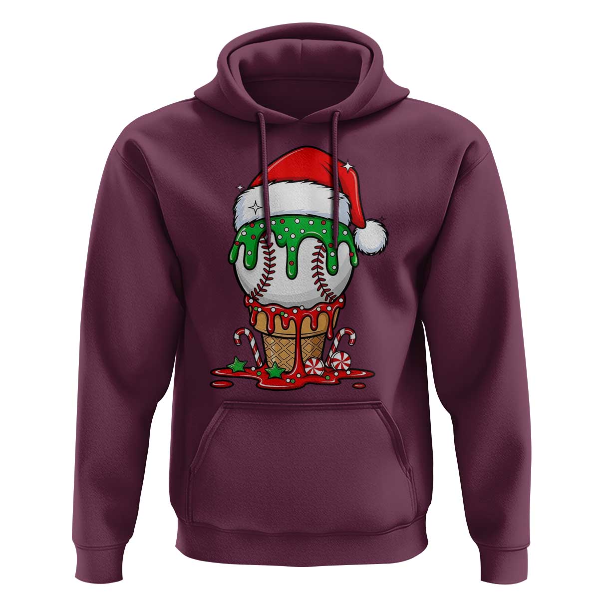 Cute Baseball Christmas Icecream Dripping Hoodie Holiday Ice Cream Cone with Santa Hat - Wonder Print Shop