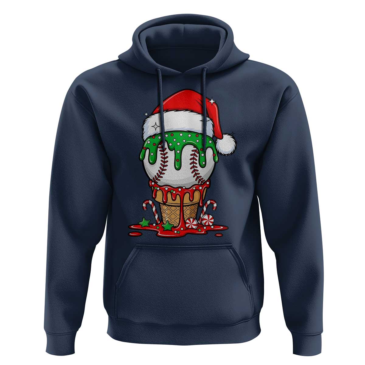 Cute Baseball Christmas Icecream Dripping Hoodie Holiday Ice Cream Cone with Santa Hat - Wonder Print Shop