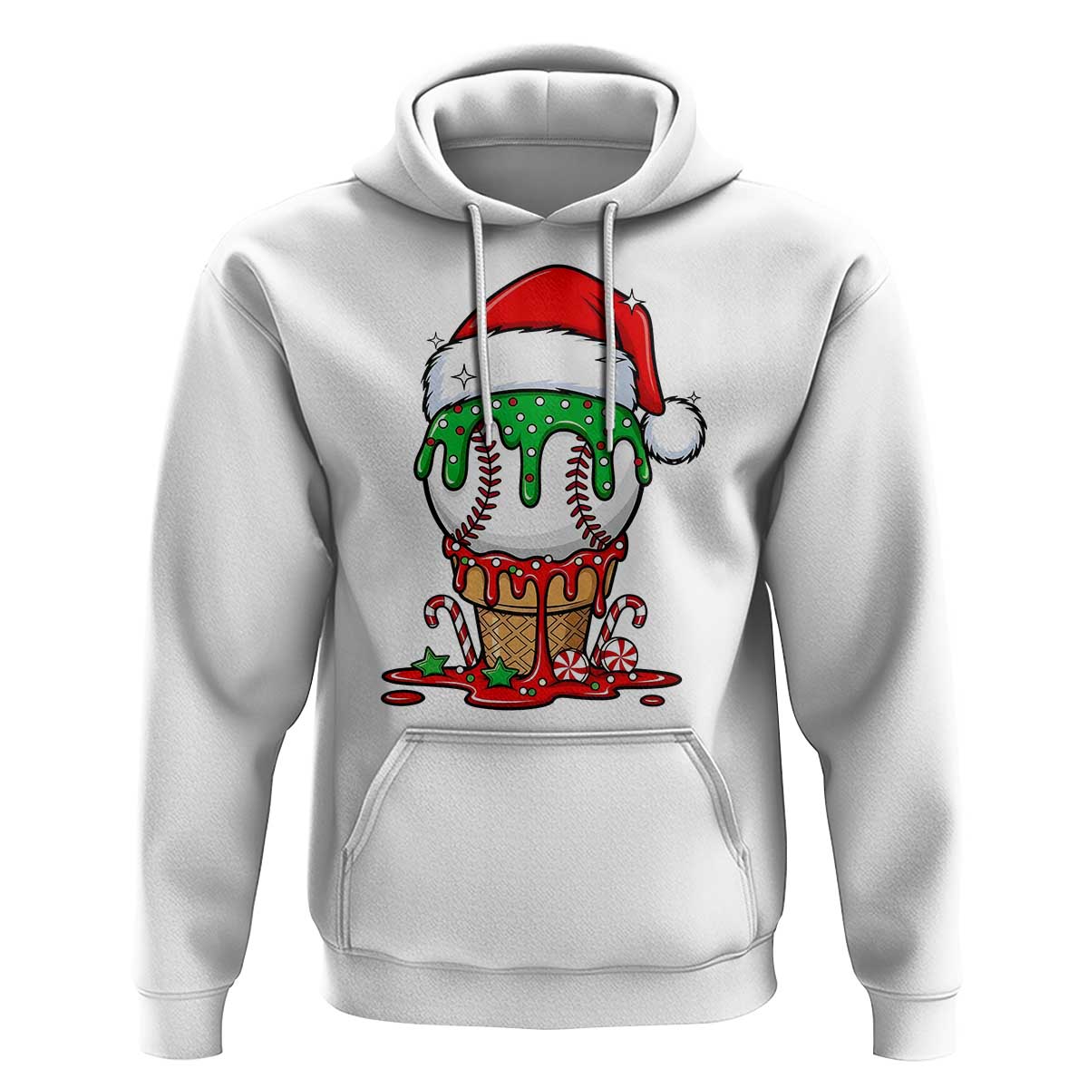 Cute Baseball Christmas Icecream Dripping Hoodie Holiday Ice Cream Cone with Santa Hat - Wonder Print Shop